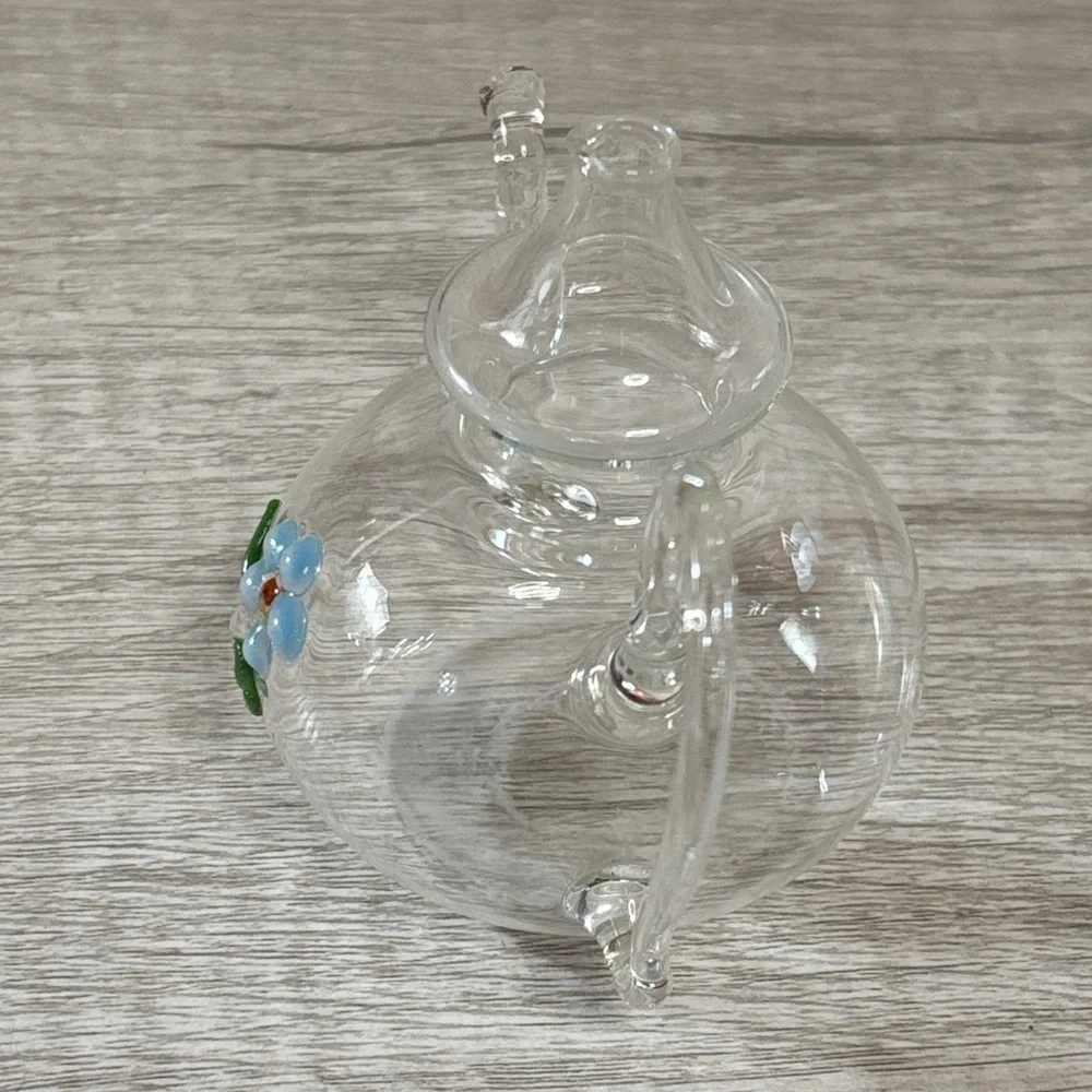 Clear Glass Teapot with Blue Flower Design